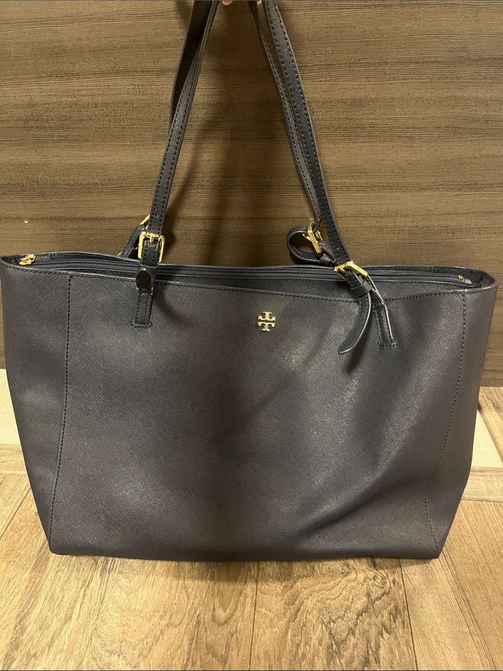 Tory Burch Navy Saffiano Tote with Gold Hardware